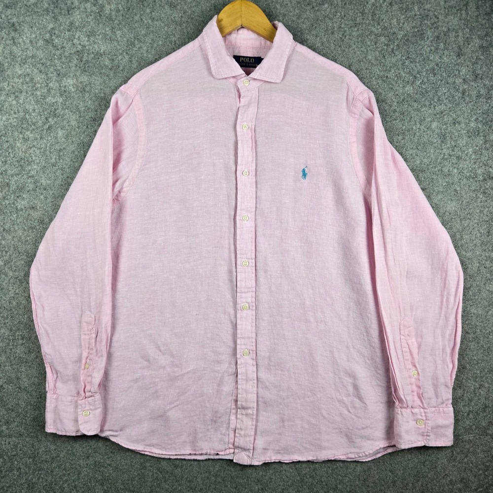 Polo Ralph Lauren Linen Shirt Mens Large Pink Long Sleeve Pony Logo Button Down